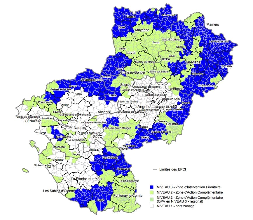 Carte des zones sous-dotées : Pays de la Loire